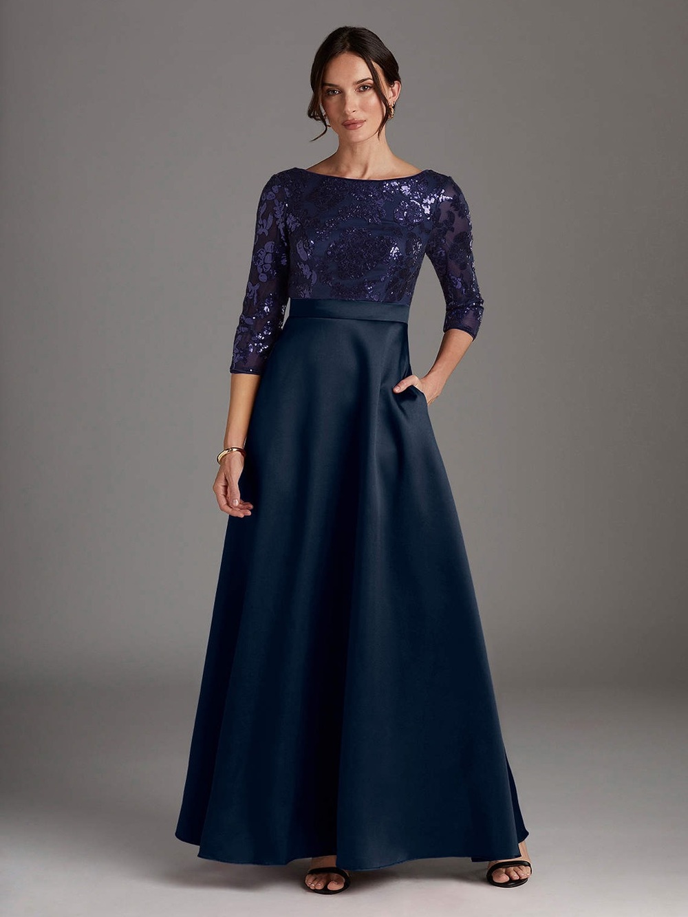 Azazie Navy Blue Sequin Bodice Maxi Dress